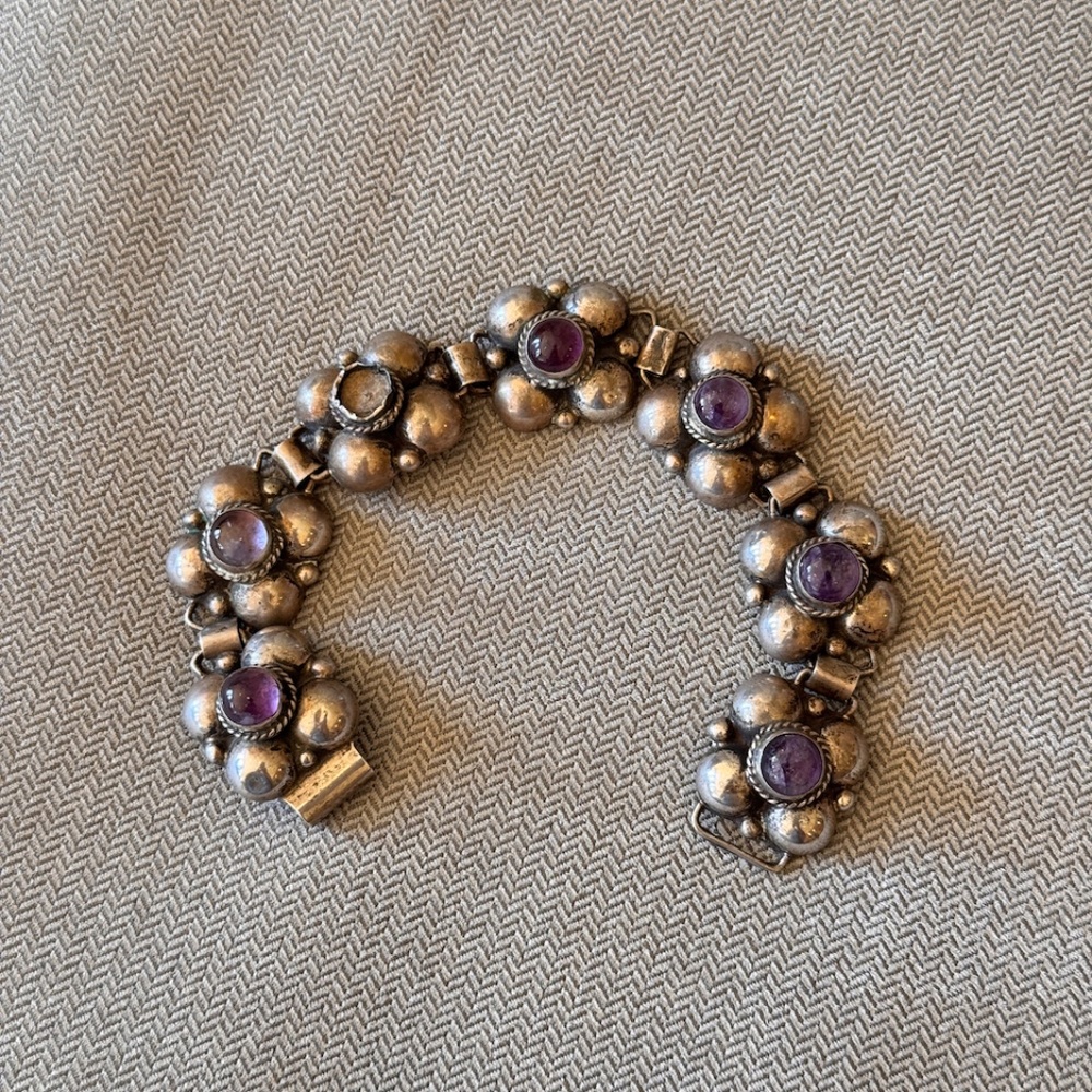Lot of 3 Vintage Mexico Sterling Silver & Amethyst Bracelet, Cuff and Brooch - Picture 3 of 12